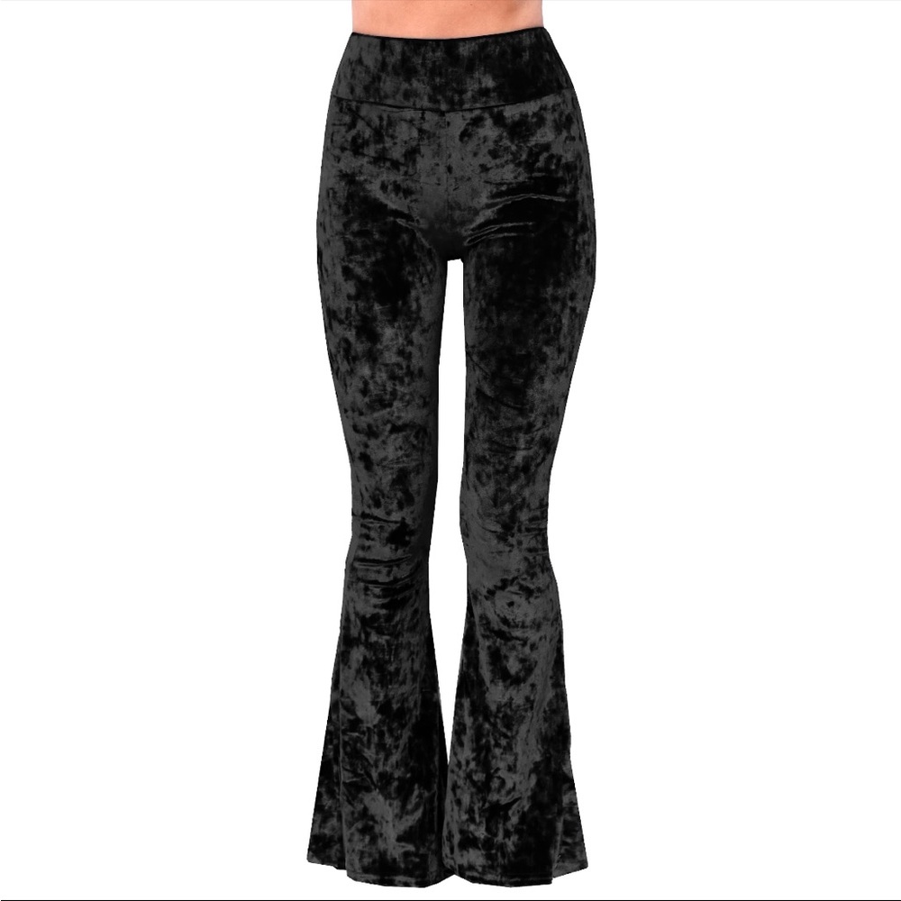 Black Crushed Velvet Bell Bottom Flare Pants